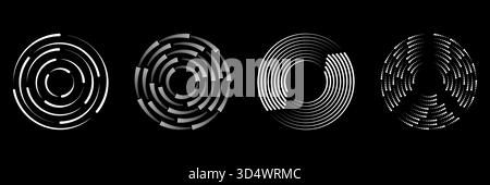 Halftone Geometric Speed Lines Circle Set. Thick Halftone Dashed Speed Lines. Collection Of Abstract Spiral Circular Line Shapes. Isolated Vector Stock Vector