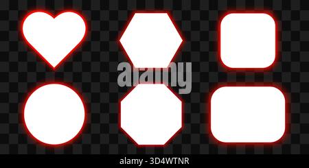 A set of frames of different shapes with red led backlight. 3d vector illustration isolated on transparent background. Stock Vector