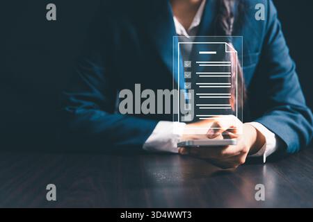 Businesswoman online survey performance review digital document system, document management software database-driven concept for efficient online docu Stock Photo