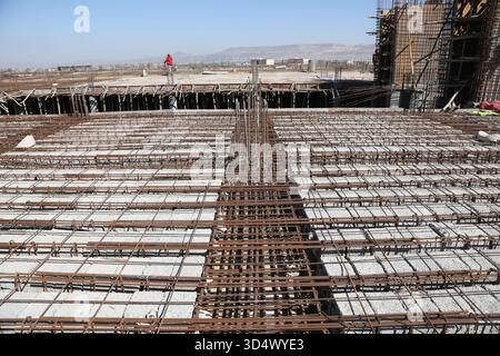 Concrete Casting Process for New Floor Slab on Skyscraper Construction Site. Stock Photo