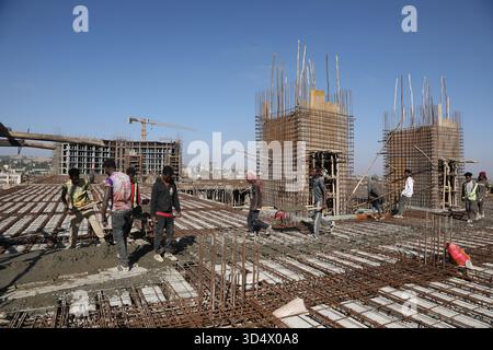 Concrete Casting Process for New Floor Slab on Skyscraper Construction Site. Stock Photo