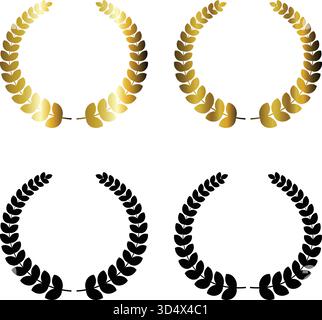 A collection of four laurel wreath vector icons isolated on a white background. Includes golden gradient and solid black silhouette styles Stock Vector