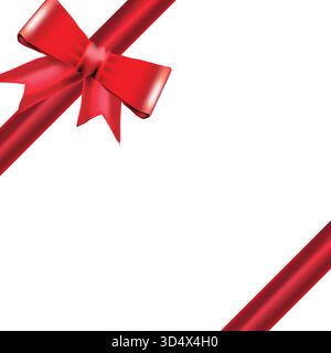 A realistic vector illustration of a shiny red satin ribbon tied in a decorative bow, positioned diagonally. Ideal for gift wrapping, holiday cards Stock Vector