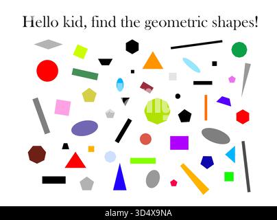 Bright and playful graphic with colorful geometric shapes designed to help children learn and identify basic forms in a fun, engaging way. Stock Photo