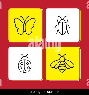Icon Set of Insects Butterfly Beetle Ladybug and Bee Stock Vector