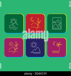 Various icons of nature landscapes in colored square shapes collection Stock Vector