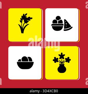 Assorted Food and Plant Icon Set Illustration on Colorful Background Stock Vector