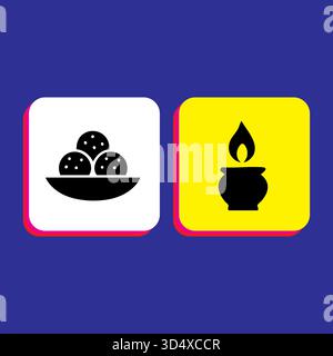 Laddu sweets on a plate and oil lamp Indian festive season Stock Vector