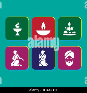 Diwali celebration graphic icons representing Indian cultural traditions and customs Stock Vector