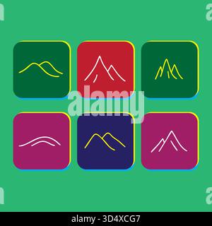 Mountain icons set on colorful square backgrounds minimalist style design Stock Vector