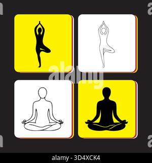 Yoga Poses in Silhouette and Outline Form for Meditation and Wellness Stock Vector