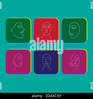 Diverse facial expressions illustrations in minimalist line art on colorful backgrounds Stock Vector