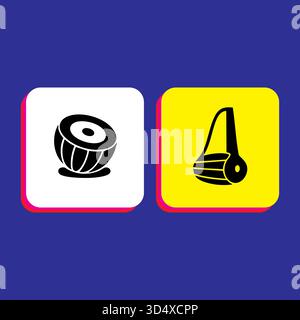 Indian Tabla Drum and Damrau Musical Instrument Icons Illustration Set Stock Vector