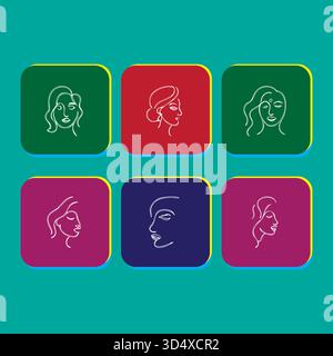 Minimalist Woman Face Line Art Collection in Colorful Squares Design Stock Vector