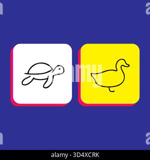 Turtle and duck outline illustration in white and yellow tiles Stock Vector
