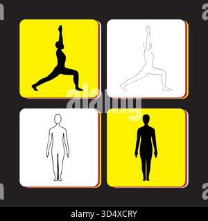 Yoga poses and human body representation with simplified vector illustrations Stock Vector