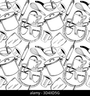 A seamless vector pattern on the theme of the kitchen, a cooking apron, a fire pit, a frying pan, a rolling pin, other kitchen utensils hand-drawn Stock Vector