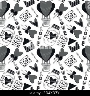 Seamless vector pattern for Valentine's Day. Balloons in the form of hearts, love letters, Cupid's arrows. Everything is hand-drawn in ink and Stock Vector