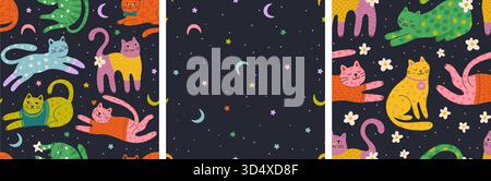 Whimsical Seamless Vector Pattern Set With Colorful Cats, Stars, Crescent Moons And Flowers On Dark Background. Perfect For Kids Textiles, Pajamas, Nursery Decor Stock Vector