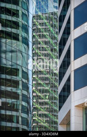 Architectural patterns, reflections and artistic detail in the modern buildings of CBD as seen from Eagle Street, Brisbane, Queensland, Australia. Stock Photo