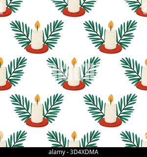 Vintage Seamless Christmas Pattern With Festive Candle And Green Pine Branches On White Background Stock Vector