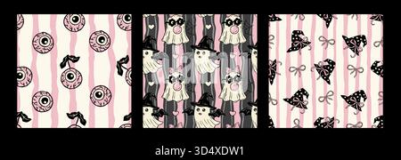 Retro Pink Halloween Seamless Vector Pattern Set Eyeballs Ribbons, Cute Ghosts In Costumes, Witch Hats With Bows On Striped Background. Perfect For Halloween Party Decor, Kids Apparel, Spooky Designs. Stock Vector