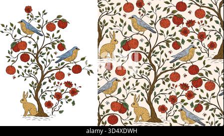 Garden Birds Fruit Tree Seamless Pattern and Card Print With Flowers And Rabbits In Vintage Vector Style Stock Vector