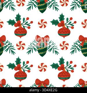 Vintage Seamless Christmas Pattern With Baubles Berries Holly Leaves And Peppermint Candies On White Stock Vector