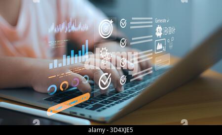 Person typing on laptop with AI data visualization, charts, and analytics icons, representing artificial intelligence, business data analysis, and dig Stock Photo