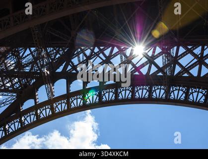 Sun rays shining through Eiffel Tower lace. Colorful beams and spots. Paris, France. Stock Photo