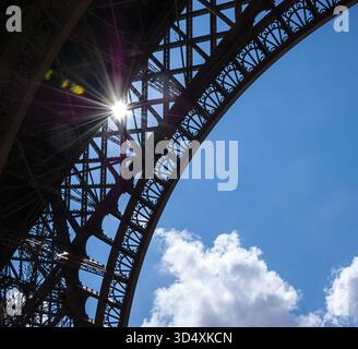 Sun rays shining through Eiffel Tower lace. Colorful beams and spots. Paris, France. Stock Photo