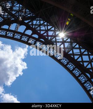 Sun rays shining through Eiffel Tower lace. Colorful beams and spots. Paris, France. Stock Photo