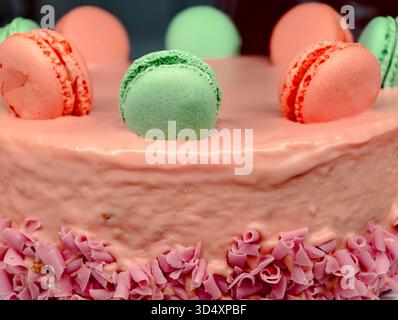 Pink Birthday Cake With French Macarons Dessert Table Elegant Party Celebration Sweet Treats Pastel Colors Wedding Festive Background Luxury Stock Photo
