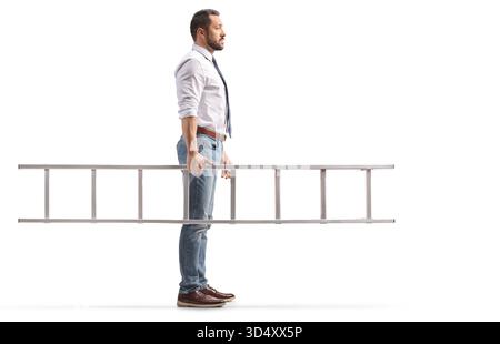 Full length profile shot of a man carrying a ladder isolated on white background Stock Photo