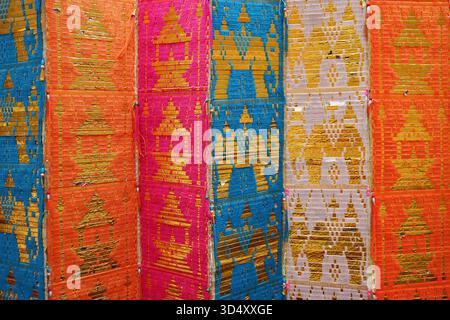 Multi-colored Traditional Long Flag Called Toong in the Buddhist Temple of Thailand Northern Region Stock Photo