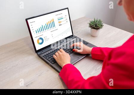 Woman working on laptop analyzing financial dashboard with charts and graphs, concept of data analysis, performance tracking, and business intelligenc Stock Photo