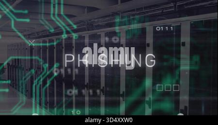 Displaying row of server racks featuring glass-front doors in data center, showing PHISHING overlay Stock Photo