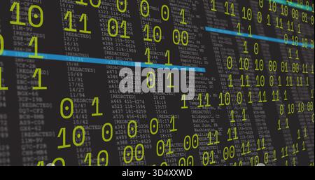 Displaying code overlay on monitor at desk, showing green binary, cyan bars, [REDACTED] Stock Photo