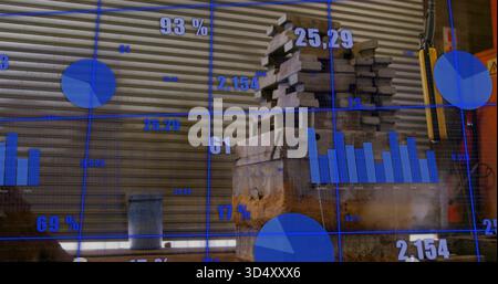 Occupying center in warehouse, stacked blocks and metal crate showing blue data overlays on shutter Stock Photo