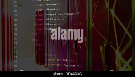 Glowing server racks and cabinets displaying colored LEDs in dim data center aisle, code overlay Stock Photo