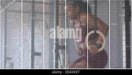 Standing woman in dark tank top raising arm in studio, metal poles, binary overlay, copy space Stock Photo