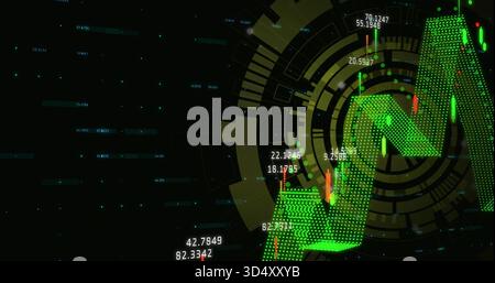 Displaying 3D green zigzag arrow rising on dark dashboard with candles, numeric labels and HUD Stock Photo