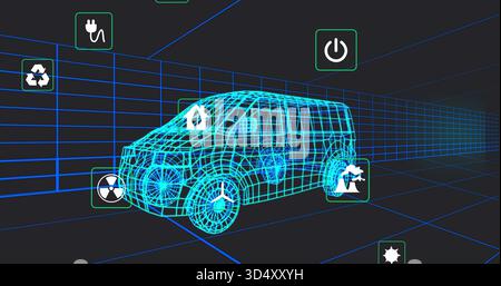 Rendering wireframe 3D van model within virtual grid tunnel, showing floating feature icons Stock Photo