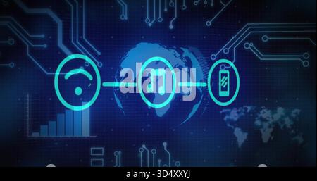 Displaying neon signal, music, phone icons linking by glow line over globe in tech UI circuits Stock Photo