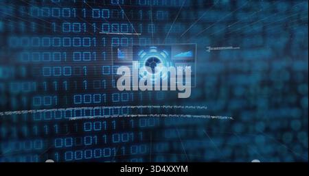 Glowing central HUD displaying rings and floating panels in cyberspace amid binary arrays Stock Photo