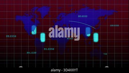 Displaying stylized world map centered on dashboard with cyan pill markers, grid, numeric readouts Stock Photo