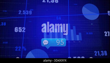 Displaying chat badge showing 95 on blue data dashboard, with bar chart, pie charts, numbers Stock Photo