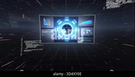 Floating holographic control panel rotating in dark 3D grid, showing blue hub and info panels Stock Photo