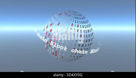 Rotating binary-digit sphere hovering in virtual 3D space, showing moving Block chain ribbon Stock Photo