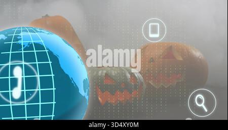Occupying left large globe showing cyan grid and phone icon in studio, pumpkins right, copy space Stock Photo